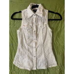 Vintage Y2K Xoxo Collection Top White Eyelet Button-Down Collared Size Small